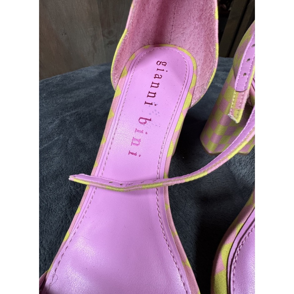 Gianni Bini Checkered Satin Ankle Strap Square Toe Block Heel Sandal 9.5 Pink - Picture 5 of 8